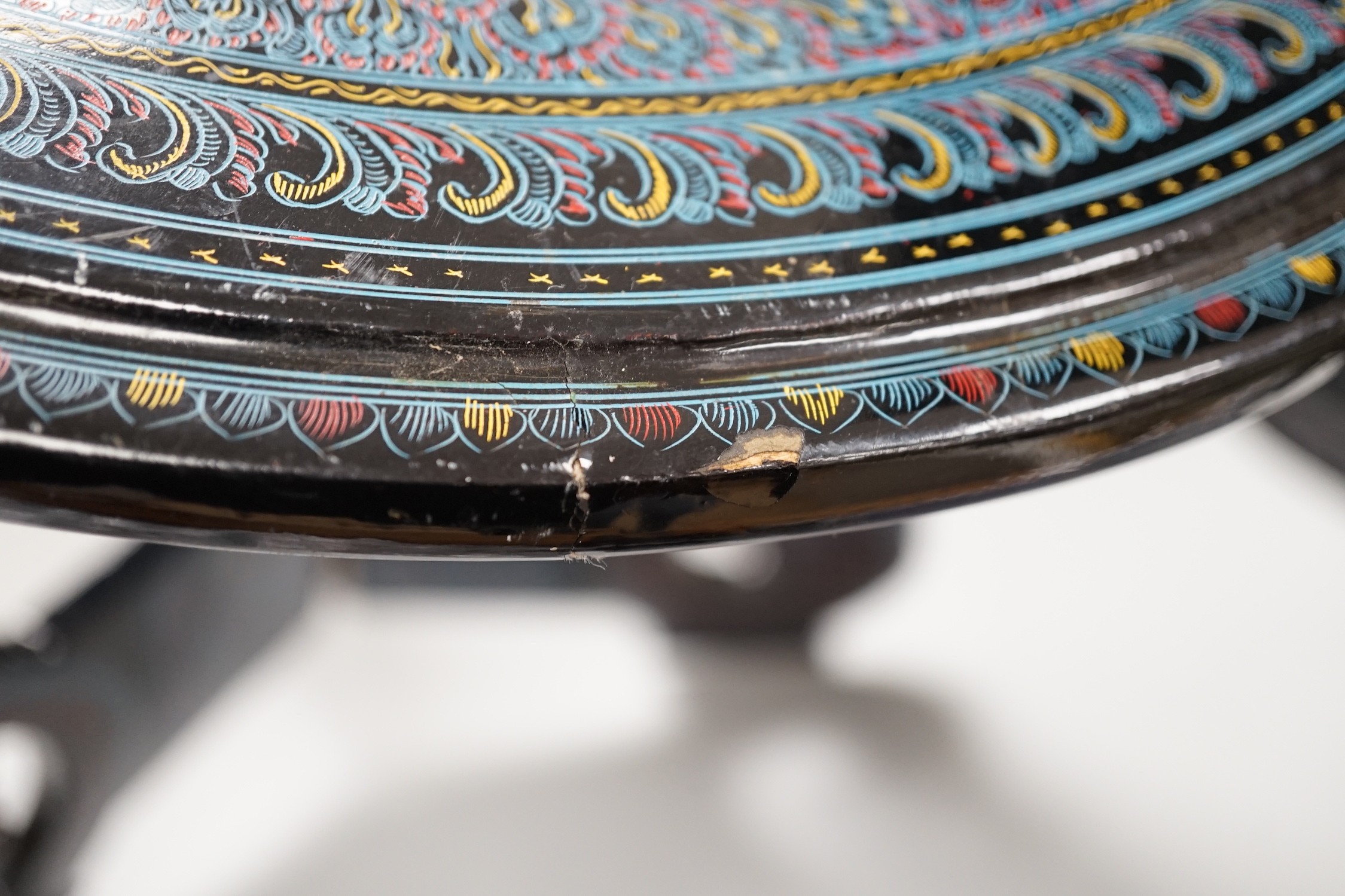 A Burmese lacquered dish and stand, 38cm tall